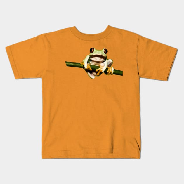 frog on branch Kids T-Shirt by Lamink